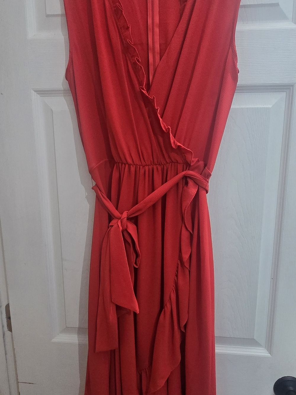 Red Sleeveless Wrap-look Dress with Tie Waist